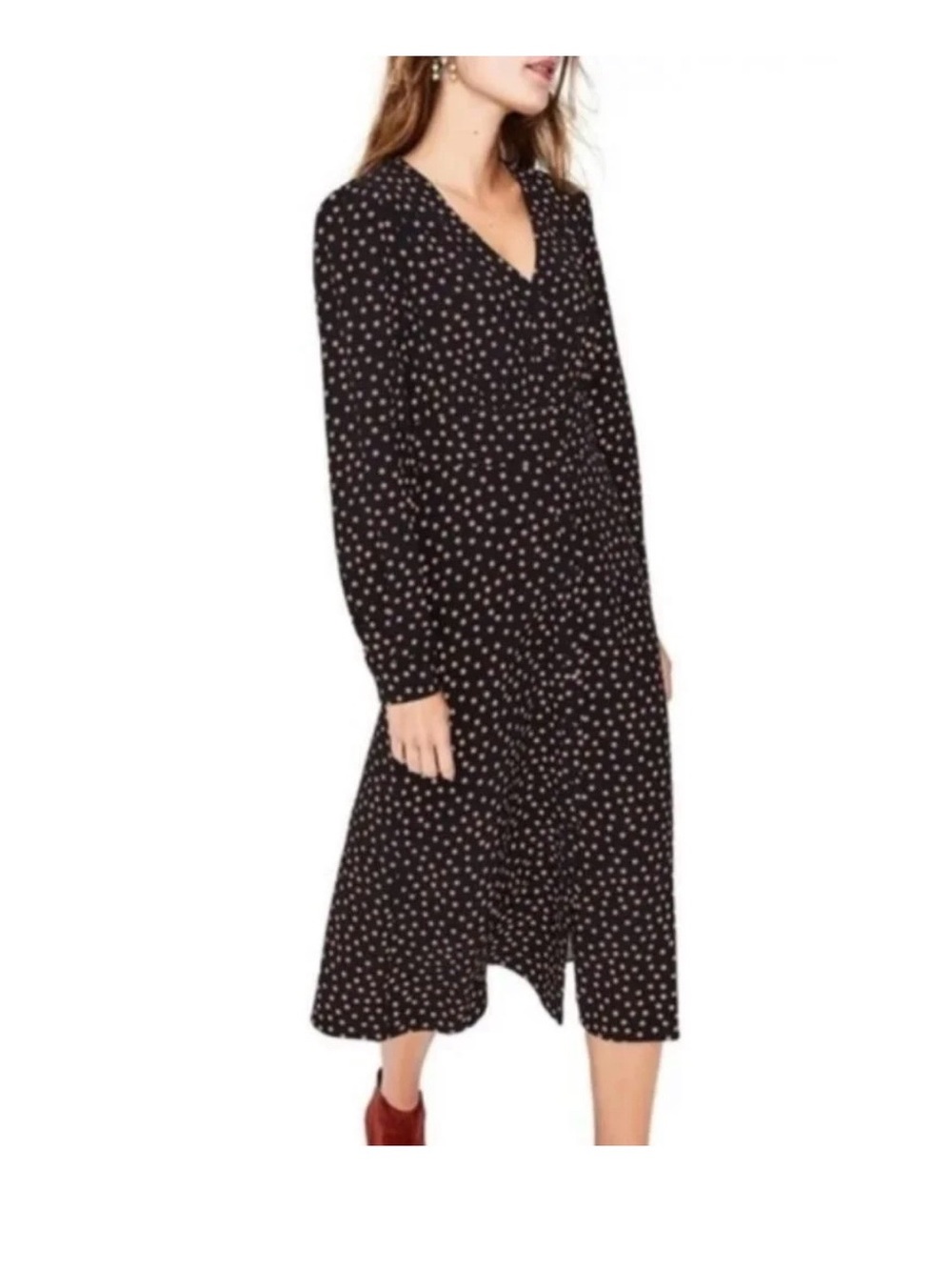 Boden Elsie Polka Dot Midi Dress 4R Long
Sleeve V-Neck 100% Viscose